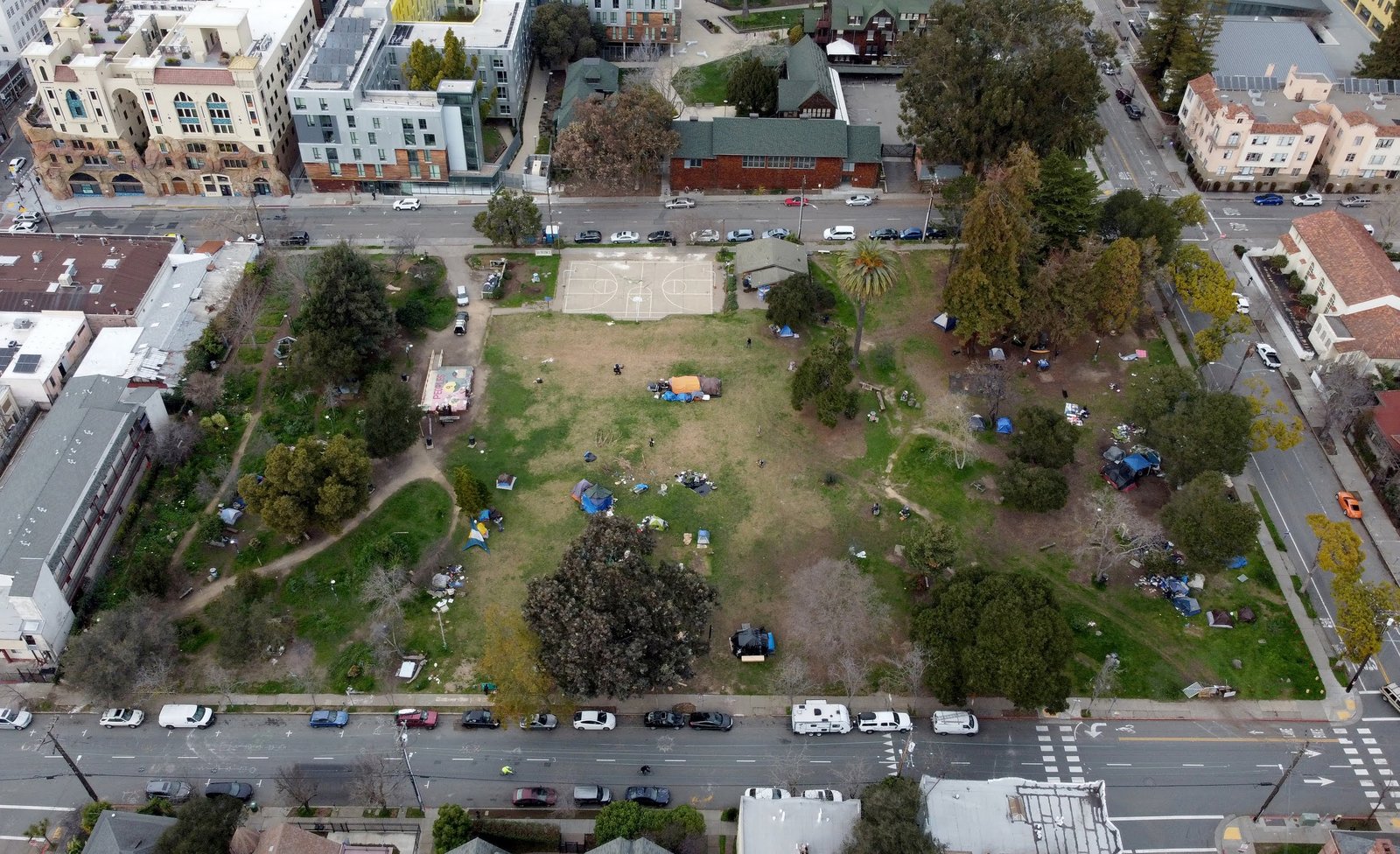 Homeless tents are seen in People's Park from this drone view in Berkeley, Calif., on Feb. 9, 2021.  (/Digital First Media/East Bay Times via Getty Images)